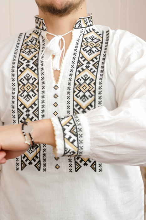 Camasa barbateasca traditionala alba cu motiv geometric crem Carol 03 [2]