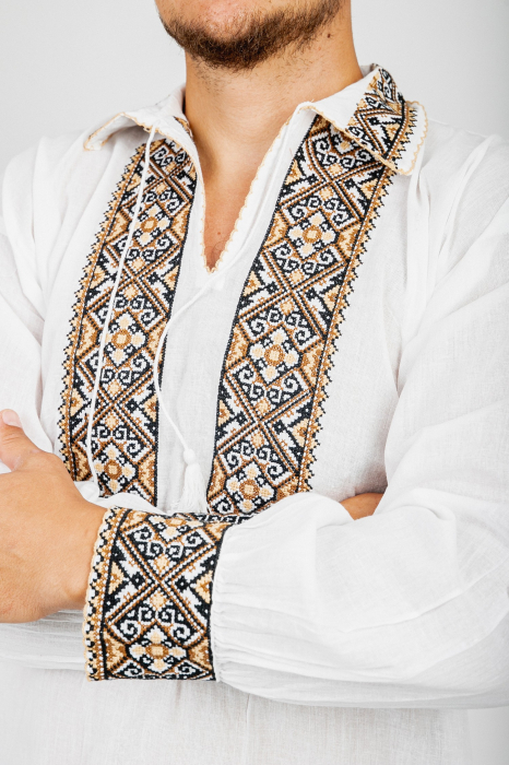 Camasa barbateasca traditionala alba cu motiv geometric crem Toma 02 [2]