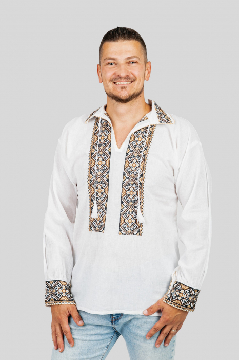 Camasa barbateasca traditionala alba cu motiv geometric crem Toma 02 [4]