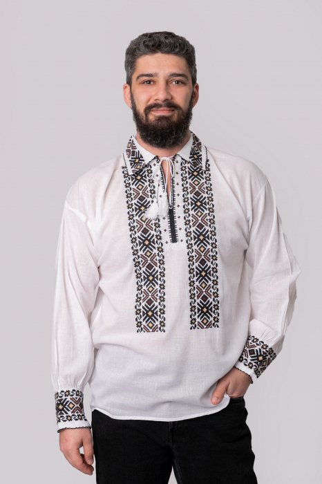 Camasa barbateasca traditionala alba cu motiv geometric maro Arthur [4]