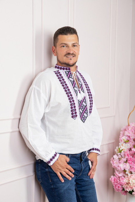 Camasa barbateasca traditionala alba cu motiv geometric mov Valentin [3]