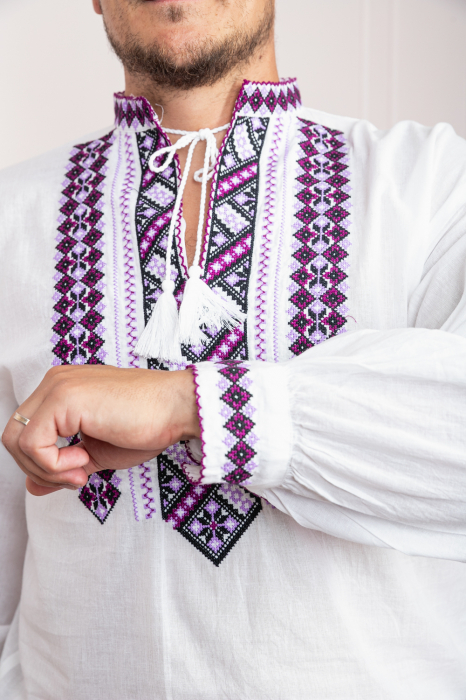 Camasa barbateasca traditionala alba cu motiv geometric mov Valentin [2]