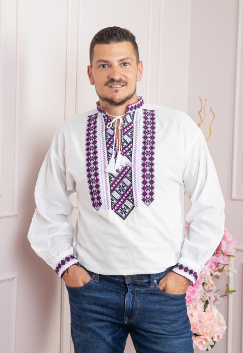 Camasa barbateasca traditionala alba cu motiv geometric mov Valentin [4]