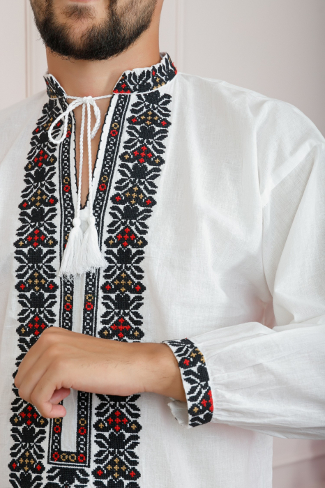 Camasa barbateasca traditionala alba cu motiv geometric multicolor Damian [2]