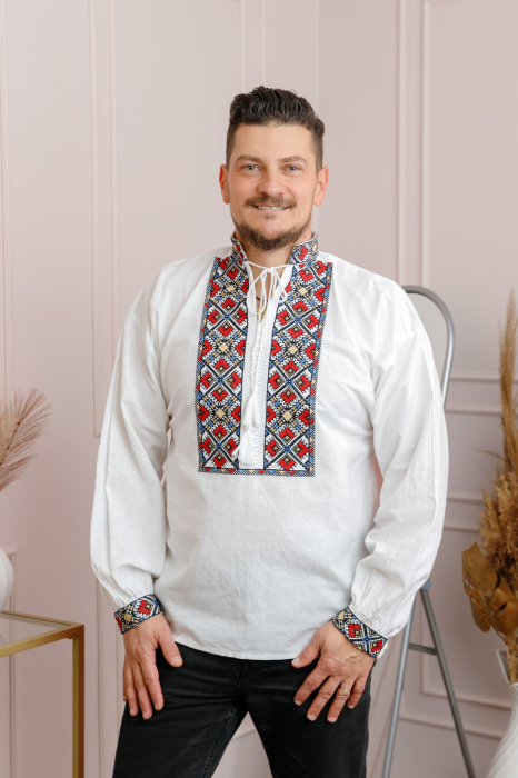 Camasa barbateasca traditionala alba cu motiv geometric multicolor Daniel [3]