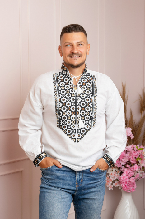 Camasa barbateasca traditionala alba cu motiv geometric multicolor Mihai [4]