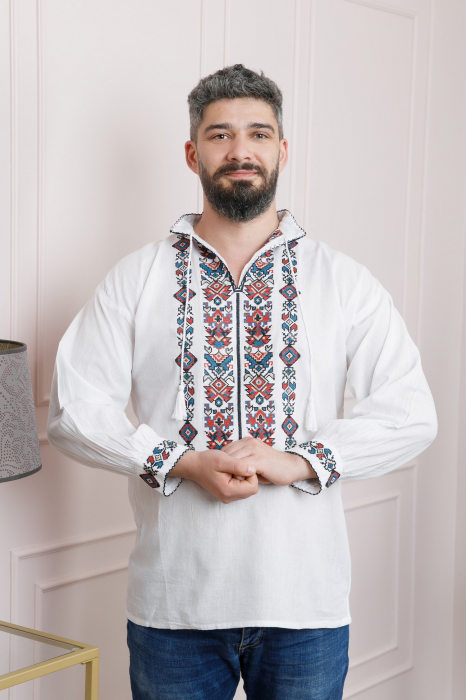 Camasa barbateasca traditionala alba cu motiv geometric multicolor Ovidiu 04 [3]