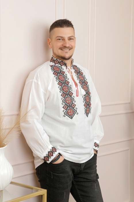 Camasa barbateasca traditionala alba cu motiv geometric multicolor Stefan [4]