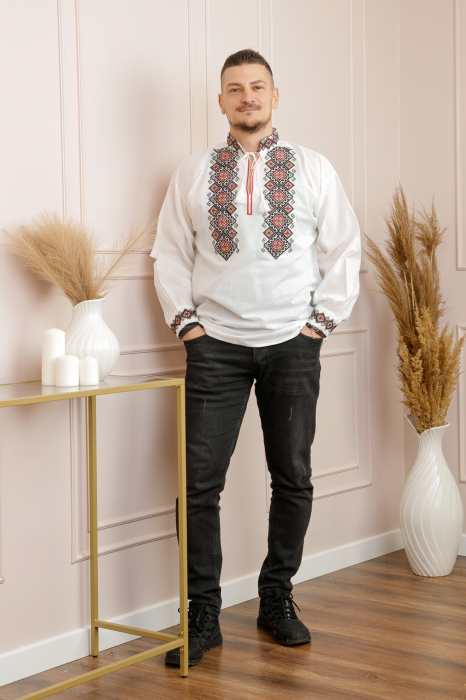 Camasa barbateasca traditionala alba cu motiv geometric multicolor Stefan [5]