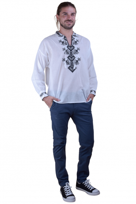 Camasa barbateasca traditionala alba cu motiv geometric negru Eduard 02 [5]