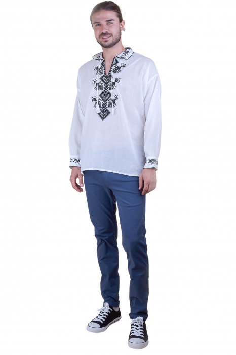Camasa barbateasca traditionala alba cu motiv geometric negru Eduard 02 [4]
