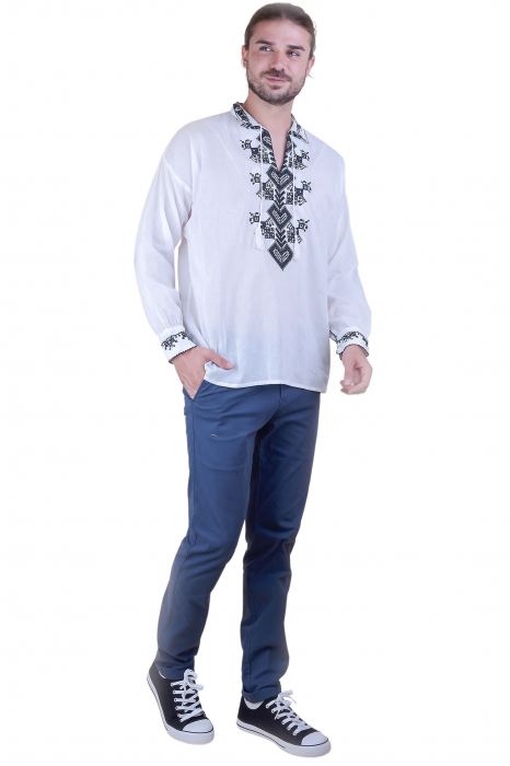 Camasa barbateasca traditionala alba cu motiv geometric negru Eduard 02 [2]