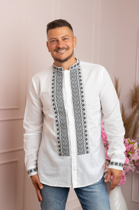 Camasa barbateasca traditionala alba cu motiv geometric negru Maximilian [3]