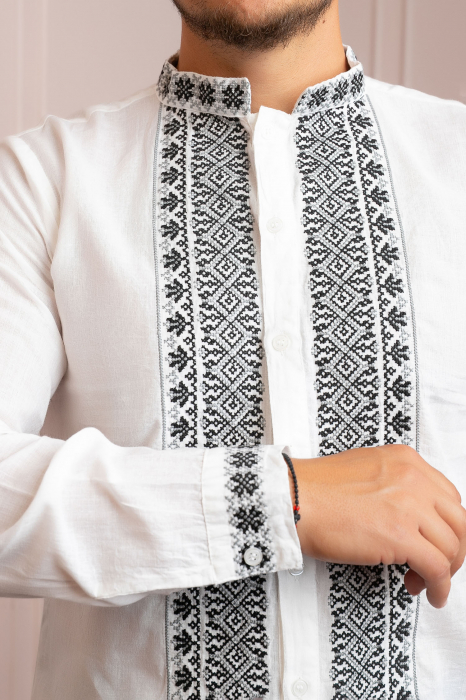 Camasa barbateasca traditionala alba cu motiv geometric negru Maximilian [2]