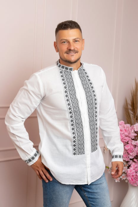 Camasa barbateasca traditionala alba cu motiv geometric negru Maximilian [4]
