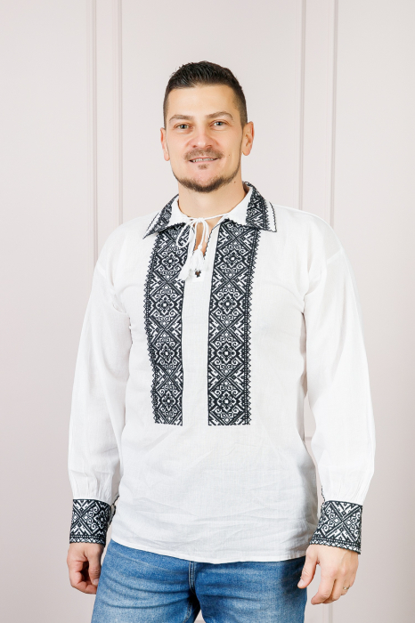 Camasa barbateasca traditionala alba cu motiv geometric negru Toma 03 [3]