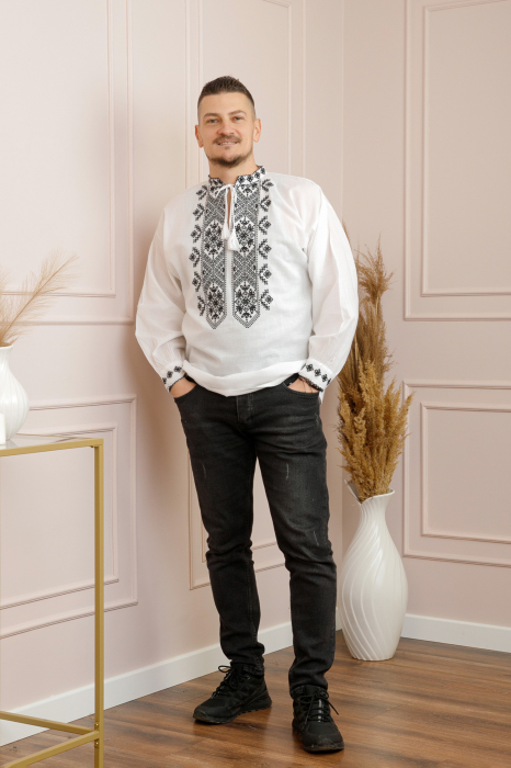 Camasa barbateasca traditionala alba cu motiv geometric negru Vlad [4]