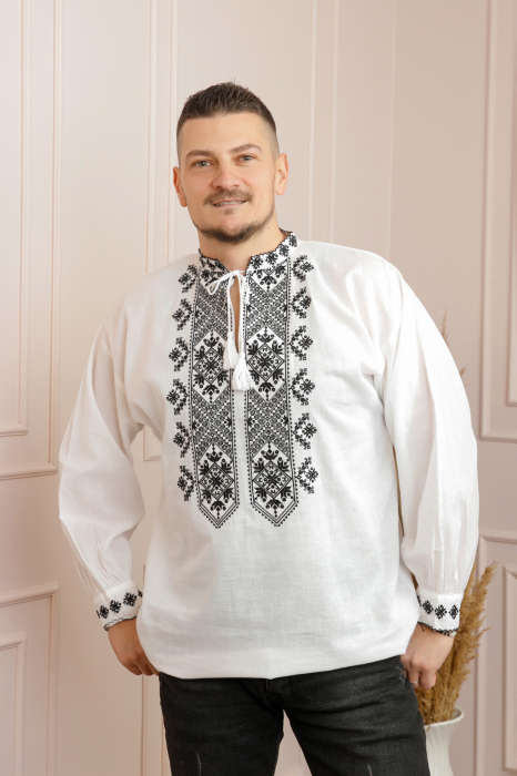 Camasa barbateasca traditionala alba cu motiv geometric negru Vlad