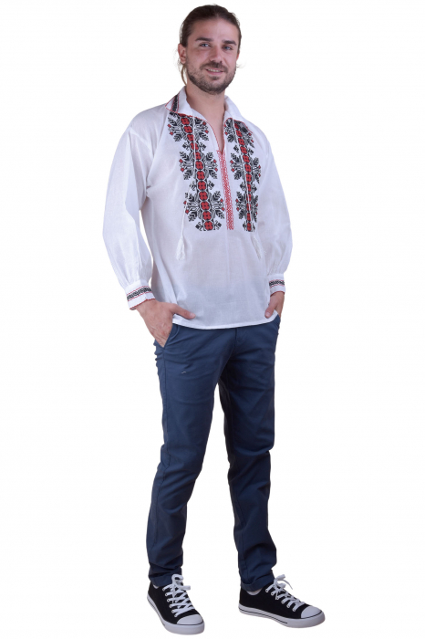 Camasa barbateasca traditionala alba cu motiv geometric rosu Alexandru 01 [2]