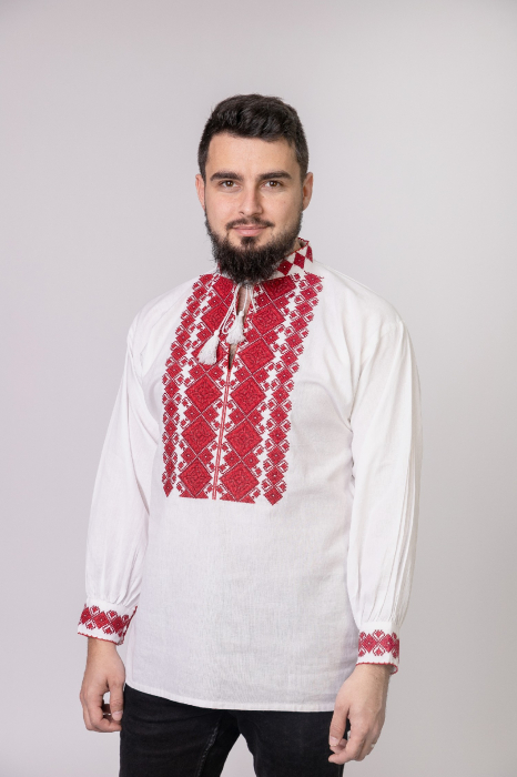 Camasa barbateasca traditionala alba cu motiv geometric rosu Calin 01 [4]
