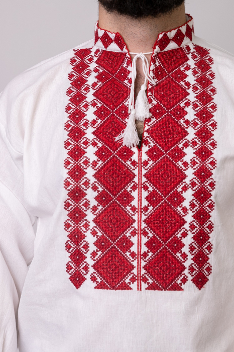 Camasa barbateasca traditionala alba cu motiv geometric rosu Calin 01 [2]