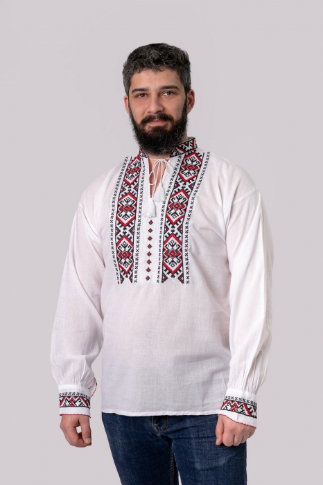 Camasa barbateasca traditionala alba cu motiv geometric rosu Carol 01 [4]