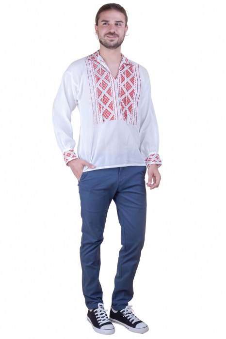 Camasa barbateasca traditionala alba cu motiv geometric rosu Cosmin [5]