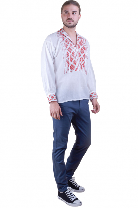 Camasa barbateasca traditionala alba cu motiv geometric rosu Cosmin [2]