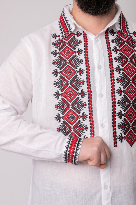 Camasa barbateasca traditionala alba cu motiv geometric rosu Ivan 04 [2]