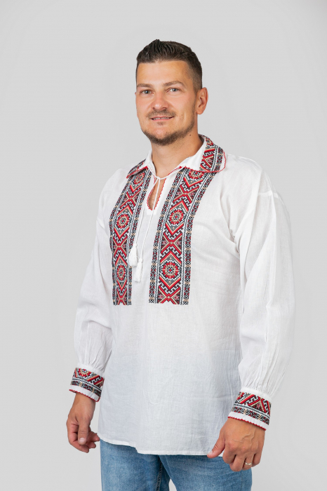 Camasa barbateasca traditionala alba cu motiv geometric rosu Dorian [4]