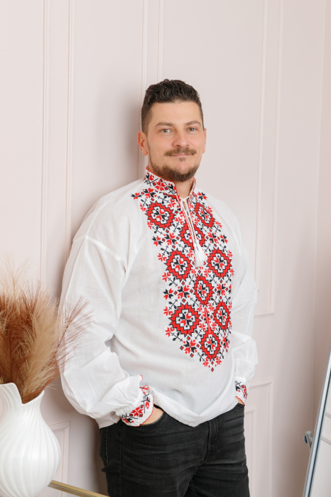 Camasa barbateasca traditionala alba cu motiv geometric rosu Dorin [3]