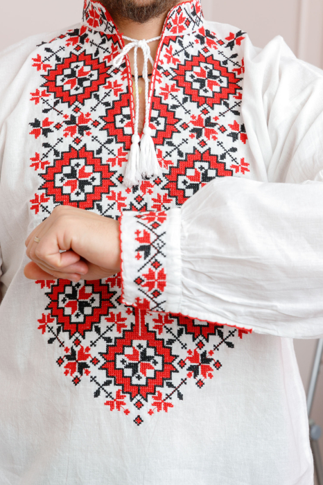Camasa barbateasca traditionala alba cu motiv geometric rosu Dorin [2]