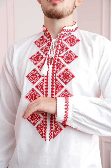 Camasa barbateasca traditionala alba cu motiv geometric rosu Emil 01 [2]