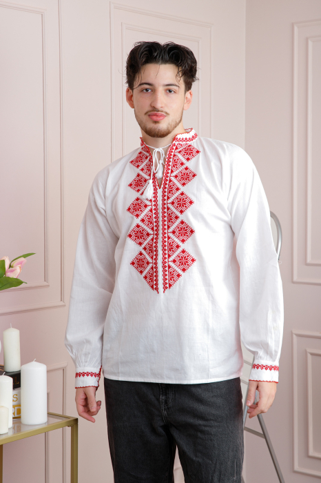 Camasa barbateasca traditionala alba cu motiv geometric rosu Emil 01 [4]