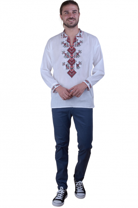 Camasa barbateasca traditionala alba cu motiv geometric rosu Eduard 03 [5]