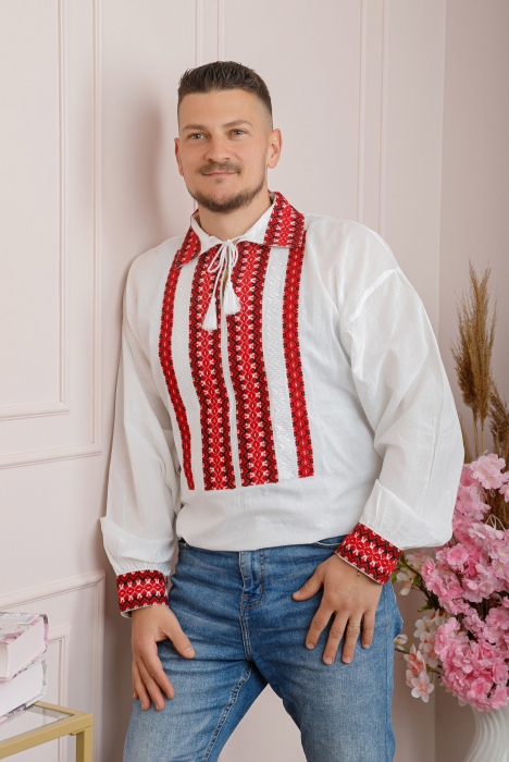 Camasa barbateasca traditionala alba cu motiv geometric rosu Horia 01 [4]