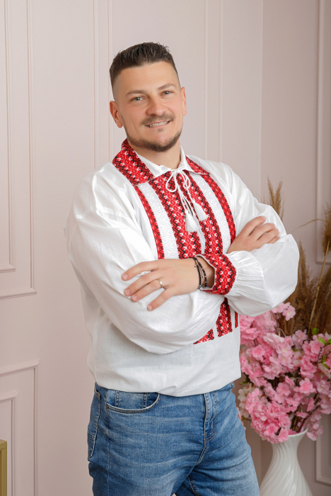 Camasa barbateasca traditionala alba cu motiv geometric rosu Horia 01 [3]