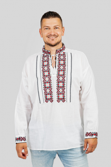 Camasa barbateasca traditionala alba cu motiv geometric rosu Luca 03 [4]