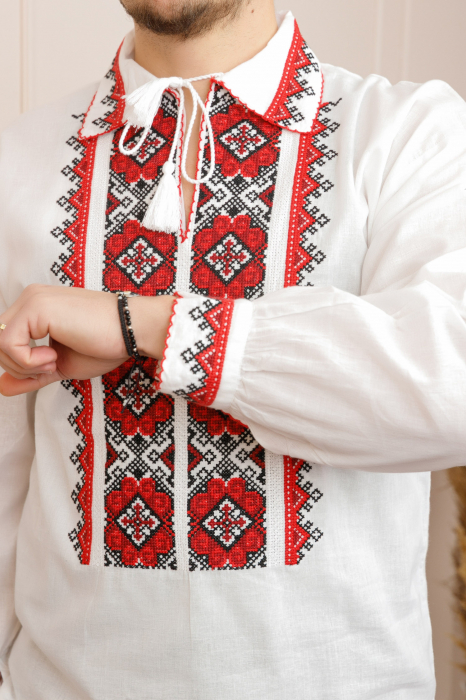 Camasa barbateasca traditionala alba cu motiv geometric rosu Iustin [2]