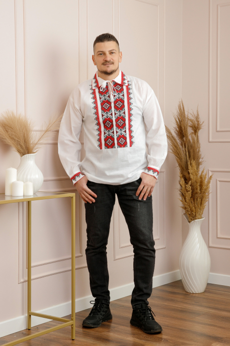 Camasa barbateasca traditionala alba cu motiv geometric rosu Iustin [4]