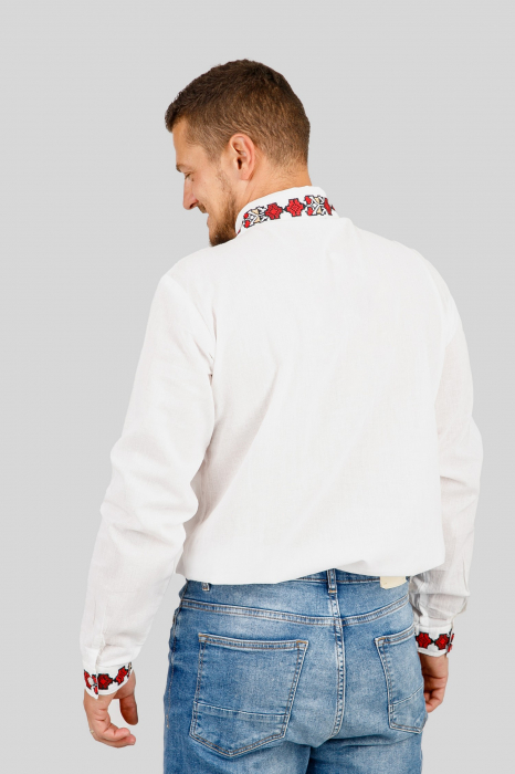 Camasa barbateasca traditionala alba cu motiv geometric rosu Ovidiu 03 [3]