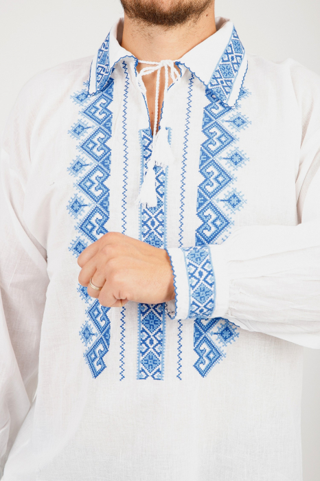 Camasa barbateasca traditionala alba cu motiv geometric albastru Petru 02 [2]
