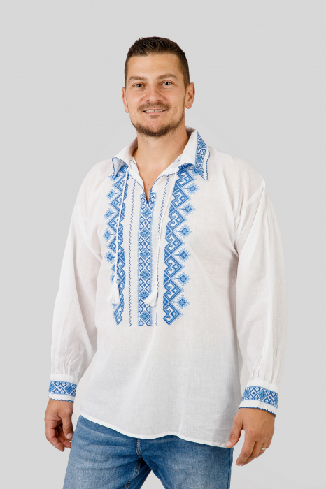 Camasa barbateasca traditionala alba cu motiv geometric albastru Petru 02 [4]