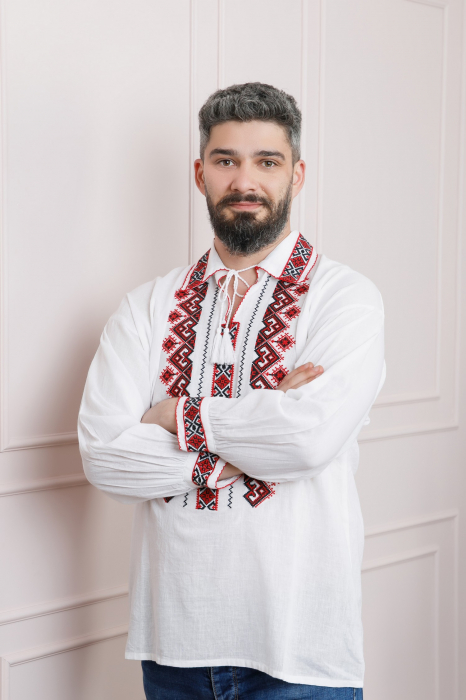 Camasa barbateasca traditionala alba cu motiv geometric rosu Petru 06 [3]