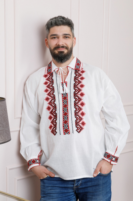 Camasa barbateasca traditionala alba cu motiv geometric rosu Petru 06 [4]