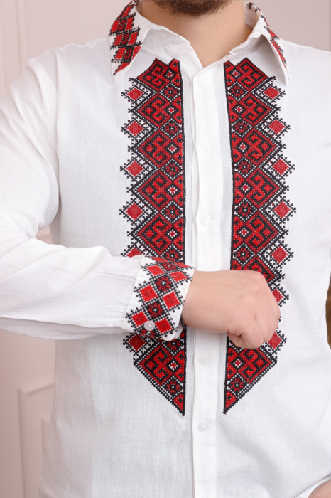 Camasa barbateasca traditionala alba cu motiv geometric rosu Petru 07 [2]