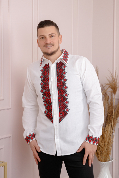 Camasa barbateasca traditionala alba cu motiv geometric rosu Petru 07 [4]