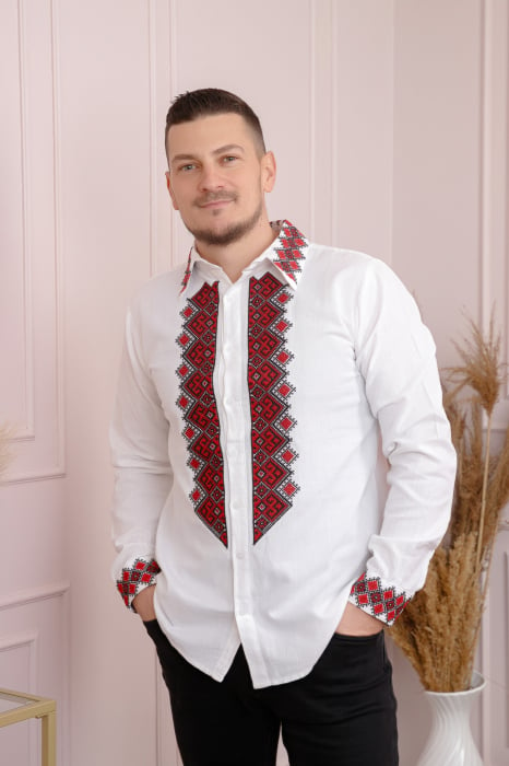 Camasa barbateasca traditionala alba cu motiv geometric rosu Petru 07