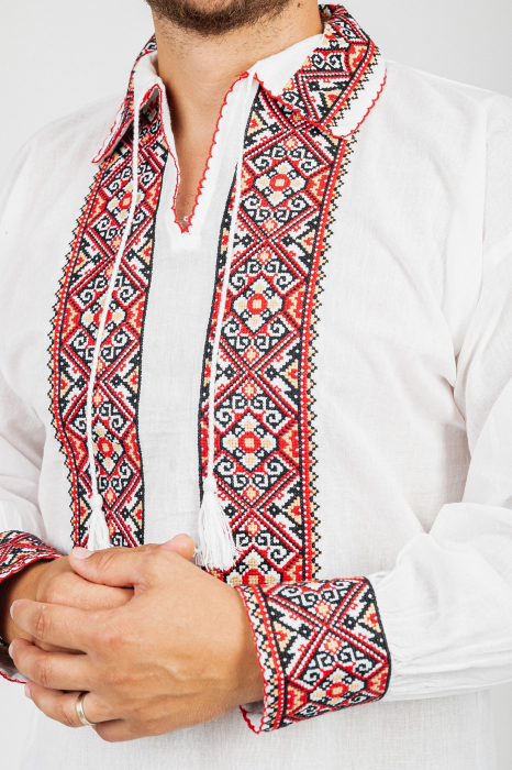 Camasa barbateasca traditionala alba cu motiv geometric rosu Toma 01 [2]