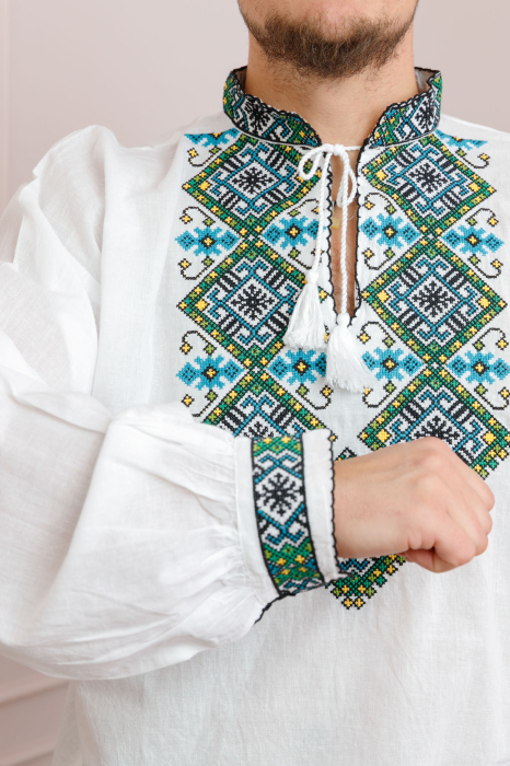 Camasa barbateasca traditionala alba cu motiv geometric turcoaz Andreas [2]